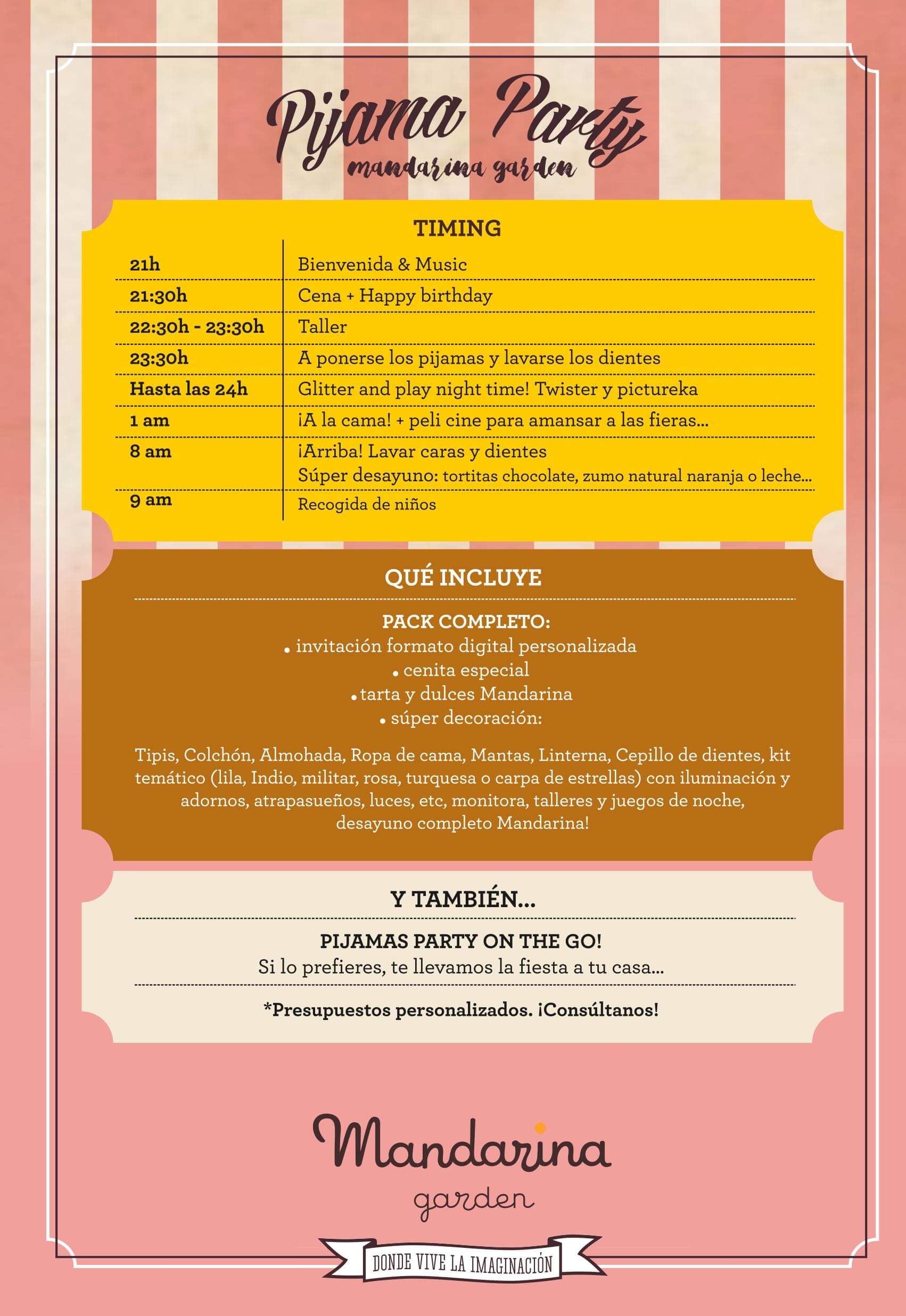 info completa, horarios y talleres que realizamos en nuestras fiestas de Pijama Party